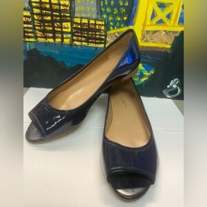 Talbots Open Toe Flats, Patent Leather, Navy Blue, Size 9 1/2 B